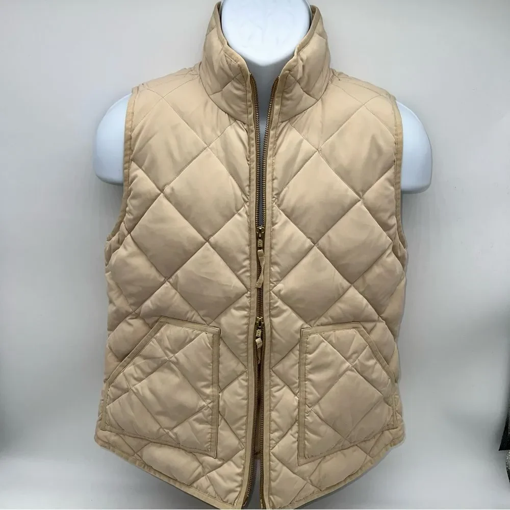 J.Crew Factory Quilted Beige Full Double Zipper Pull Down Puffer Vest-Size Small
